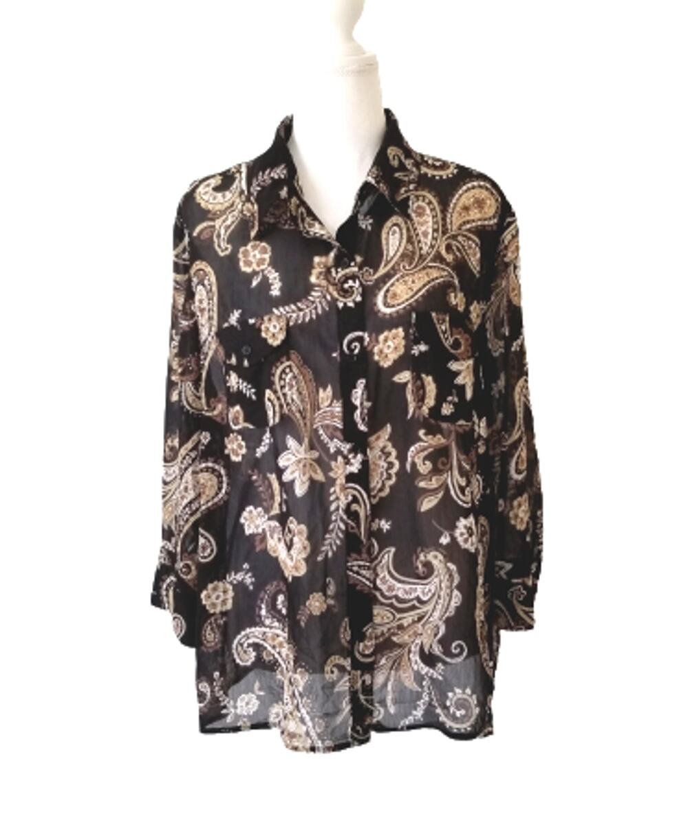 Croft & Barrow, Paisley Button-Front Blouse - Black/Beige - Size XL